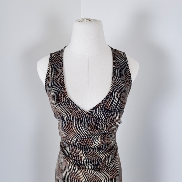 Vintage midi fitted dress abstract y2k v-neck plunge neckline wrap squiggles - Picture 3 of 13